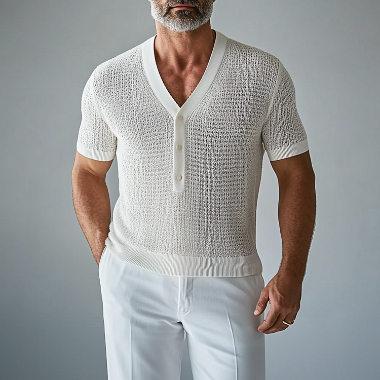 Men's V Neck Half Button Short Sleeve Hollow Knitted Shirt
