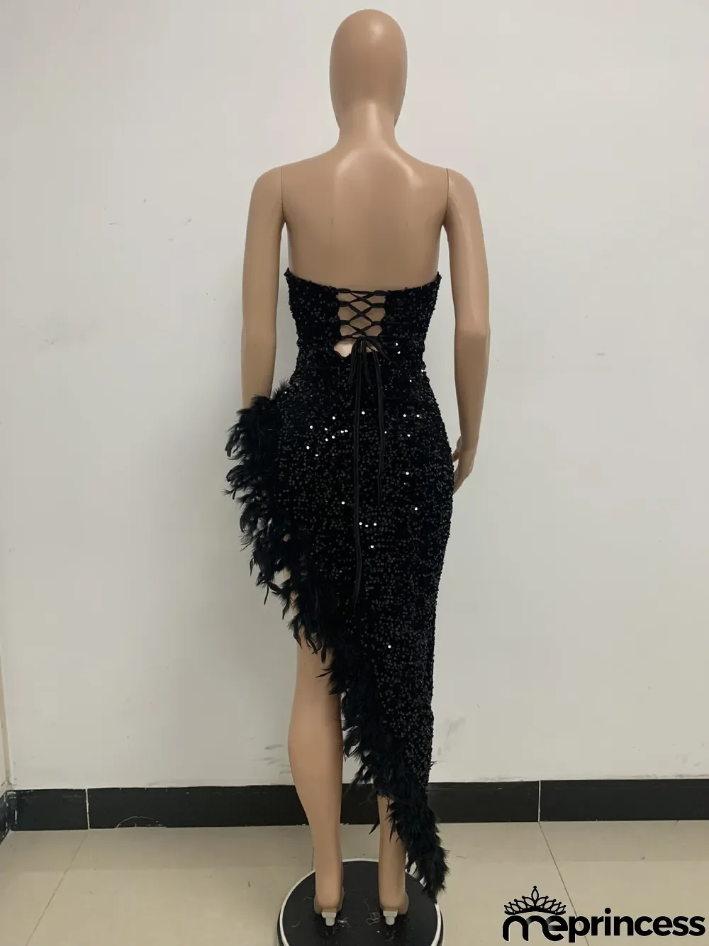 Women Sexy Off Shoulder Backless Sequin Feather Dress