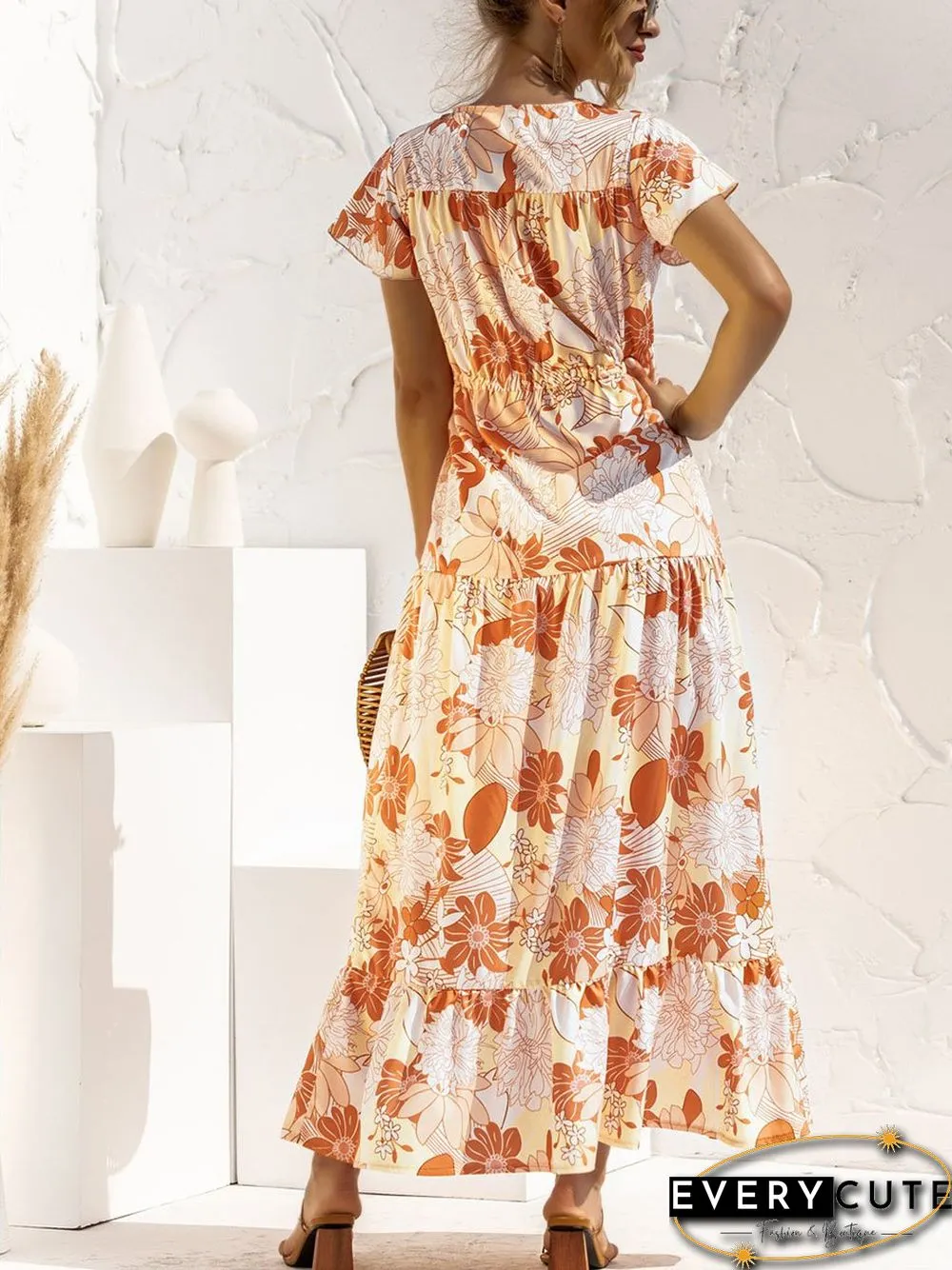 V-neck Floral Print Maxi Dress P16236