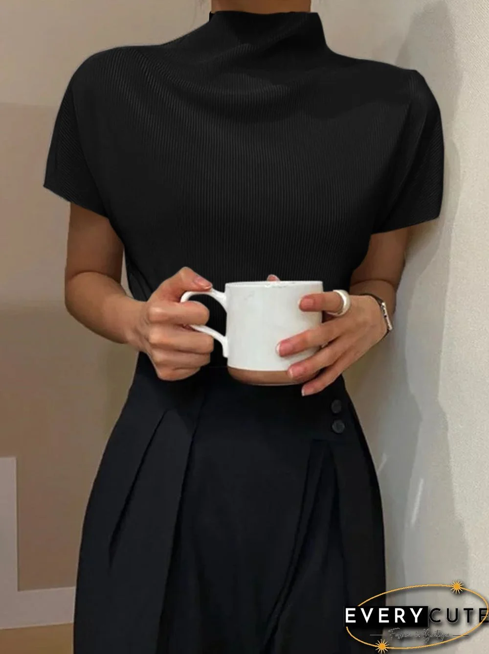 Loose Short Sleeves Solid Color Halter-Neck T-Shirts Tops