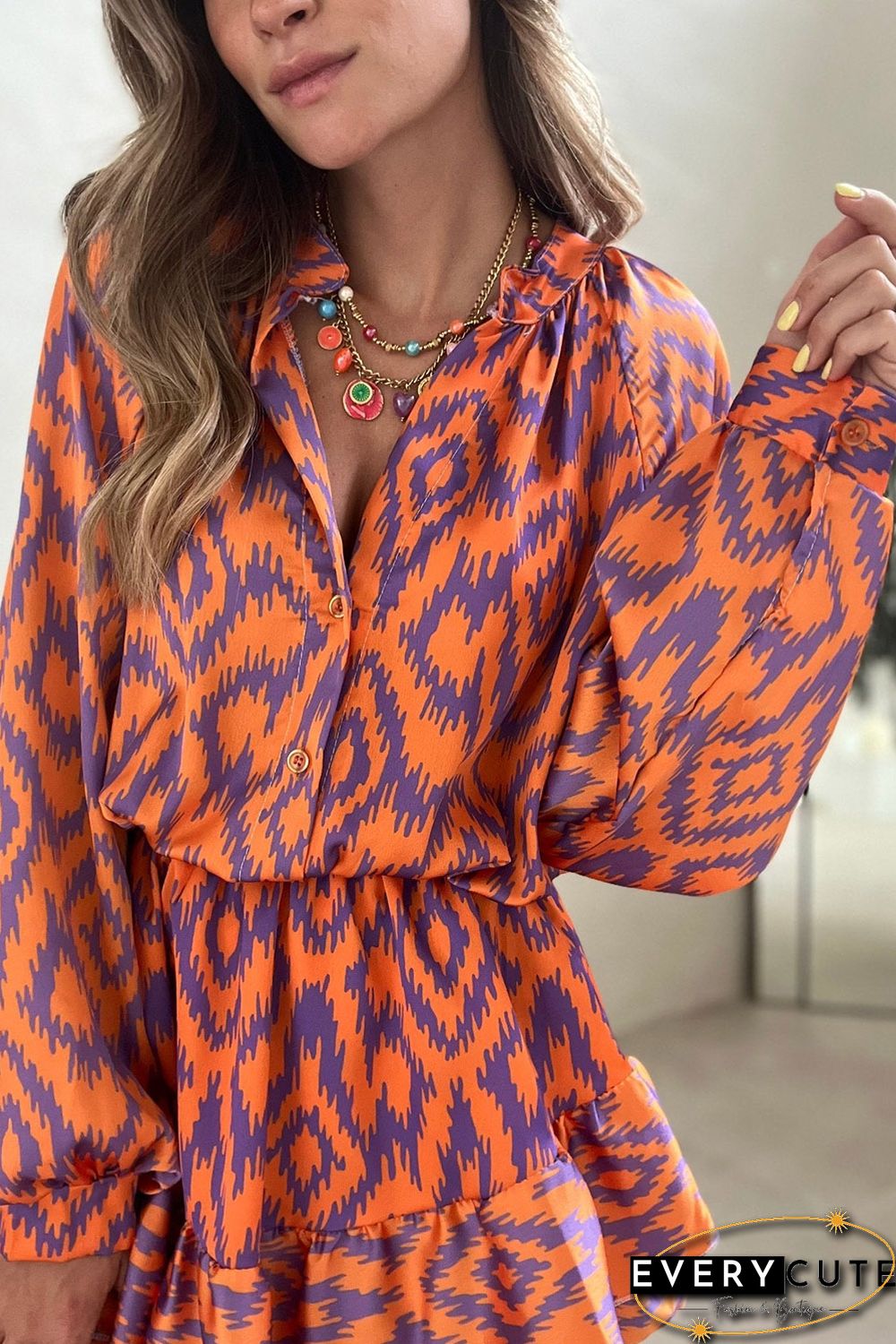 Orange Aztec Bubble Sleeve High Waist Romper