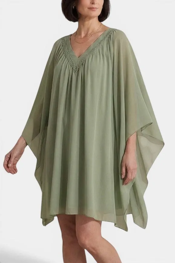V-Neck Chiffon Dress with Flowing Cape Sleeves