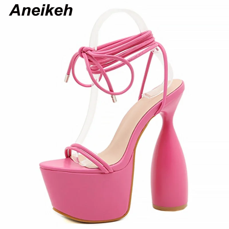 Aneikeh 2022 Spring Narrow Band Fashion Platform Ankle-Wrap Lace-up Sandalias De Las Sweet PU Peep Toe Thin Heels New Size 35-40