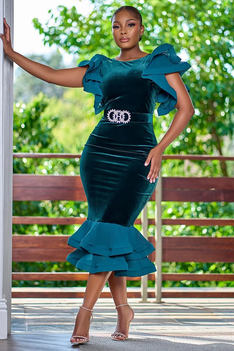 Ruffle Sleeve Velvet Patchwork Party Fishtail Midi Dresses-Green [Pre Order]