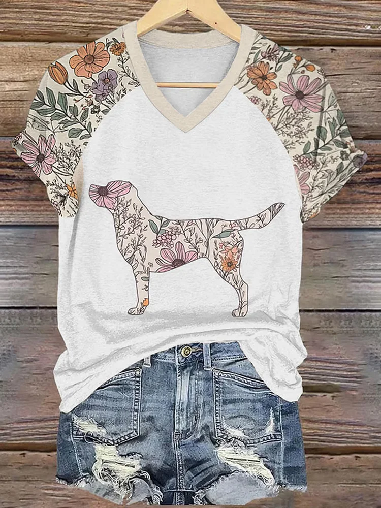 Utbros Women's Dog Print V-neck T-shirt