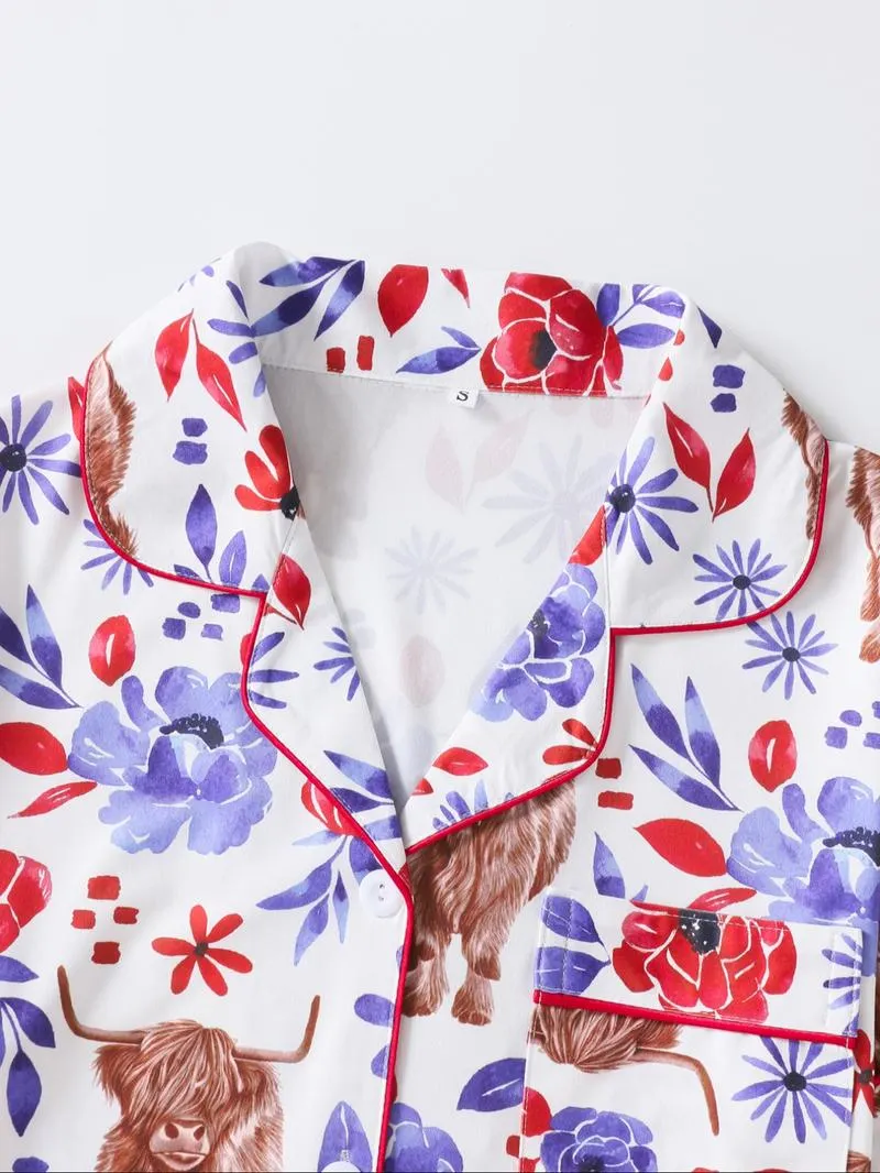 Women's Floral & Cow Print Top & Shorts Pajama Two-piece Set, Casual Comfy Short Sleeve Top & Shorts Pajama Set, Ladies Sleepwear for Summer, Womenswear