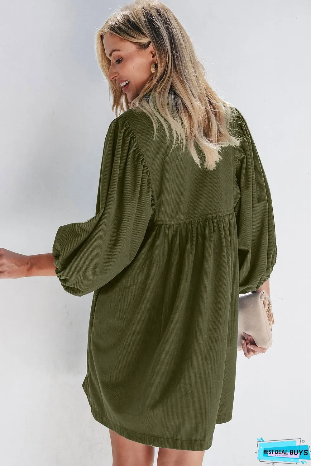 Vineyard Green Corduroy Snap Buttons Empire Waist Bracelet Sleeve Dress