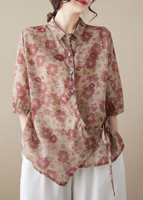 Plum Red Print Patchwork Cotton Top Button Lace Up Summer