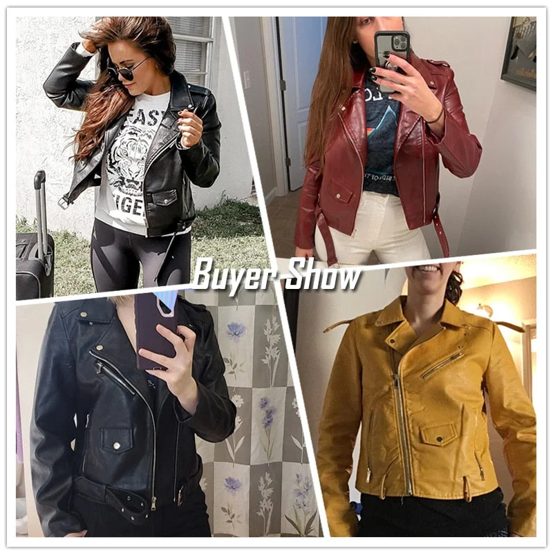 Nncharge New Women Pu Leather Jacket Fashion Bright Color Black Motor Coats Short Faux Leather Biker Jackets Coat Female