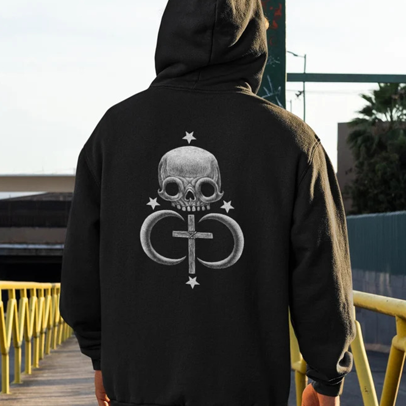 TATTOO Skull Moon And Cross Black Print Hoodie