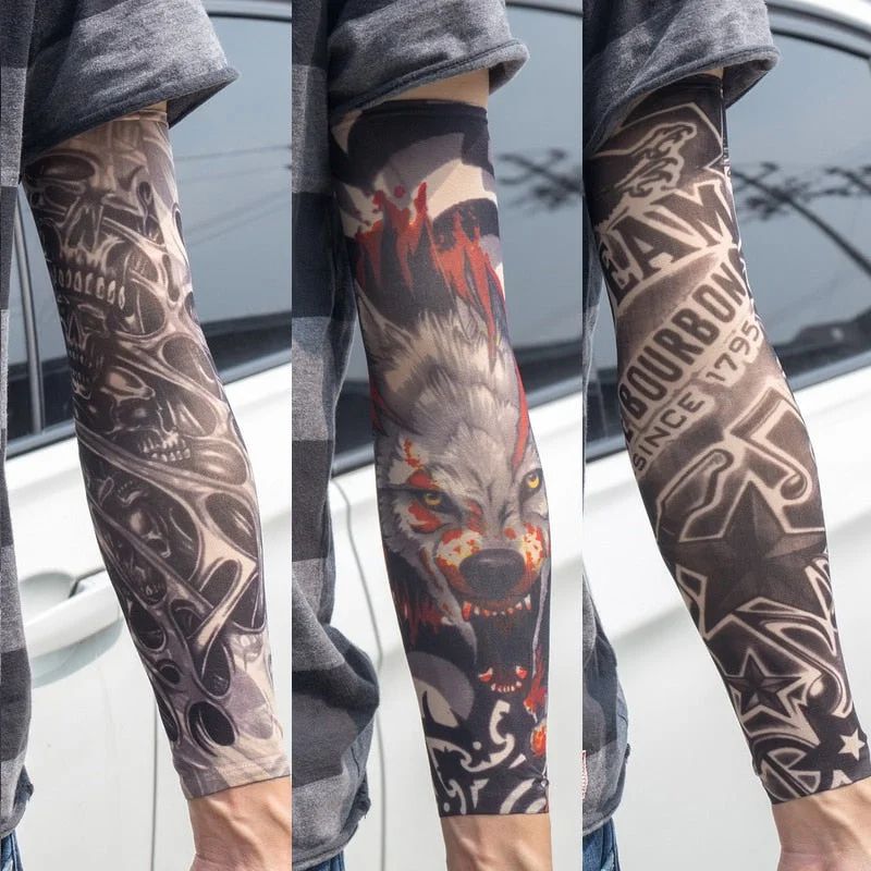 3PCS/lot new mixed 100%Nylon elastic Fake temporary tattoo sleeve skull wolf totem dragon designs body Arm stockings cool men