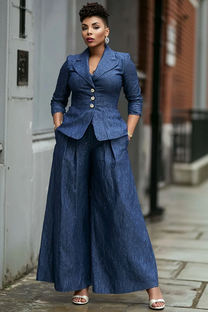 Xpluswear Design Plus Size Business Casual Elegant Blue Lapel Collar 3/4 Sleeve Pocket Wide Leg Tencel Denim Two Piece Pant Suits 2024 - Xpluswear