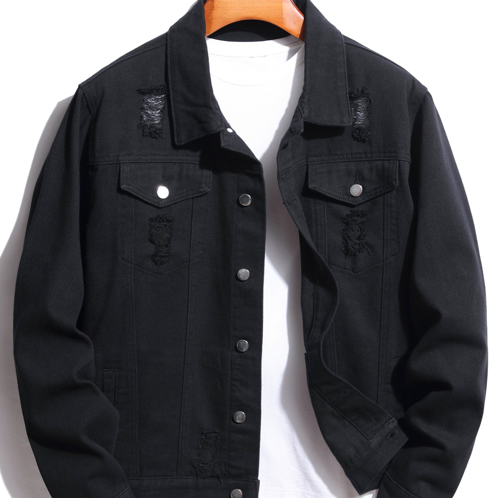 Men's Casual Ripped Denim Jacket, Lapel Street Style Multi Pocket Jacket Coat