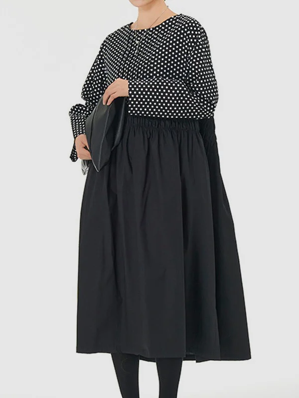 Long Sleeves Loose Contrast Color Elasticity Pleated Polka-Dot Split-Joint Round-Neck Midi Dresses