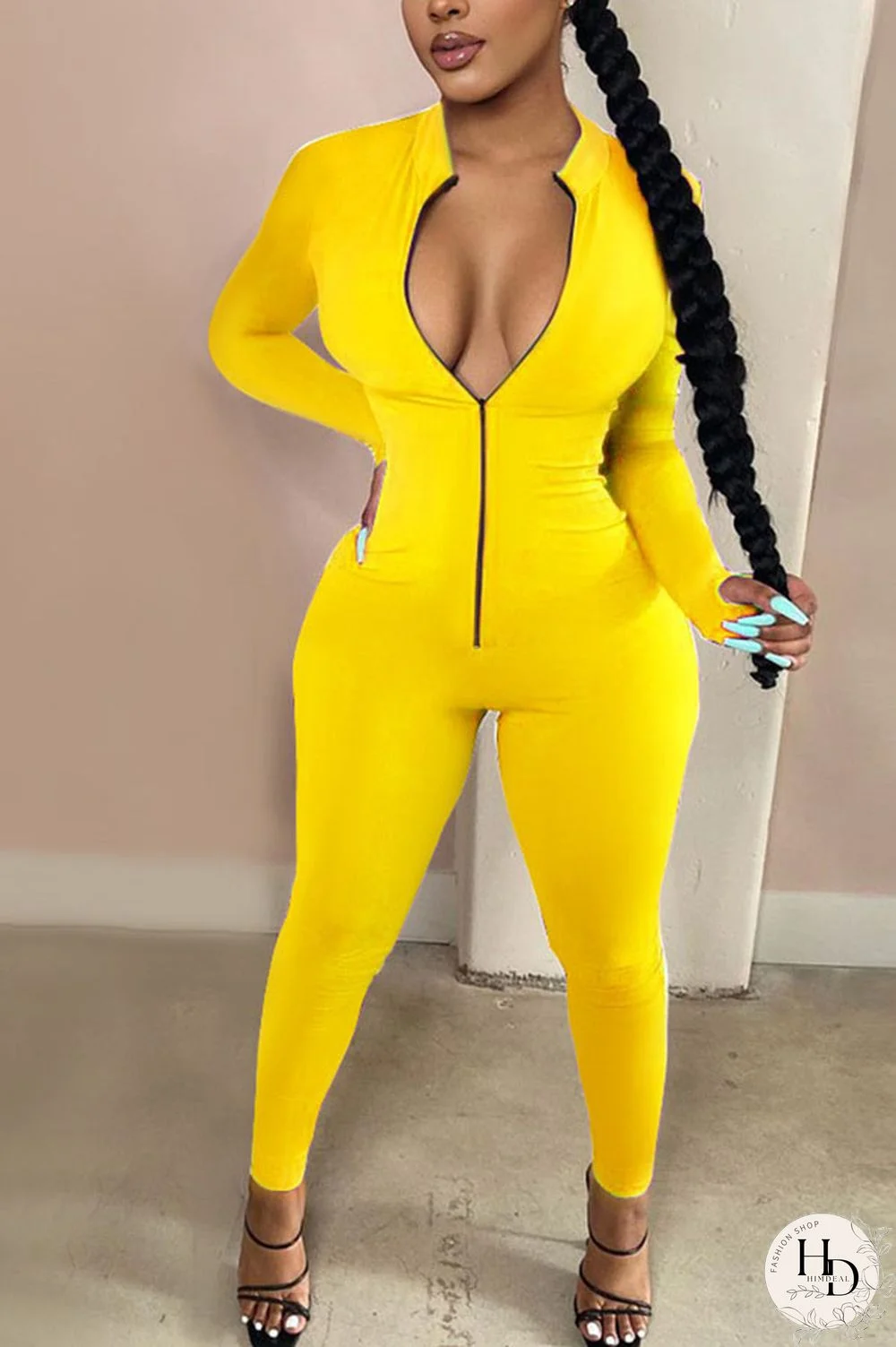 Yellow Fashion Casual Solid zipper Milk. Long Sleeve O Neck Jumpsuits