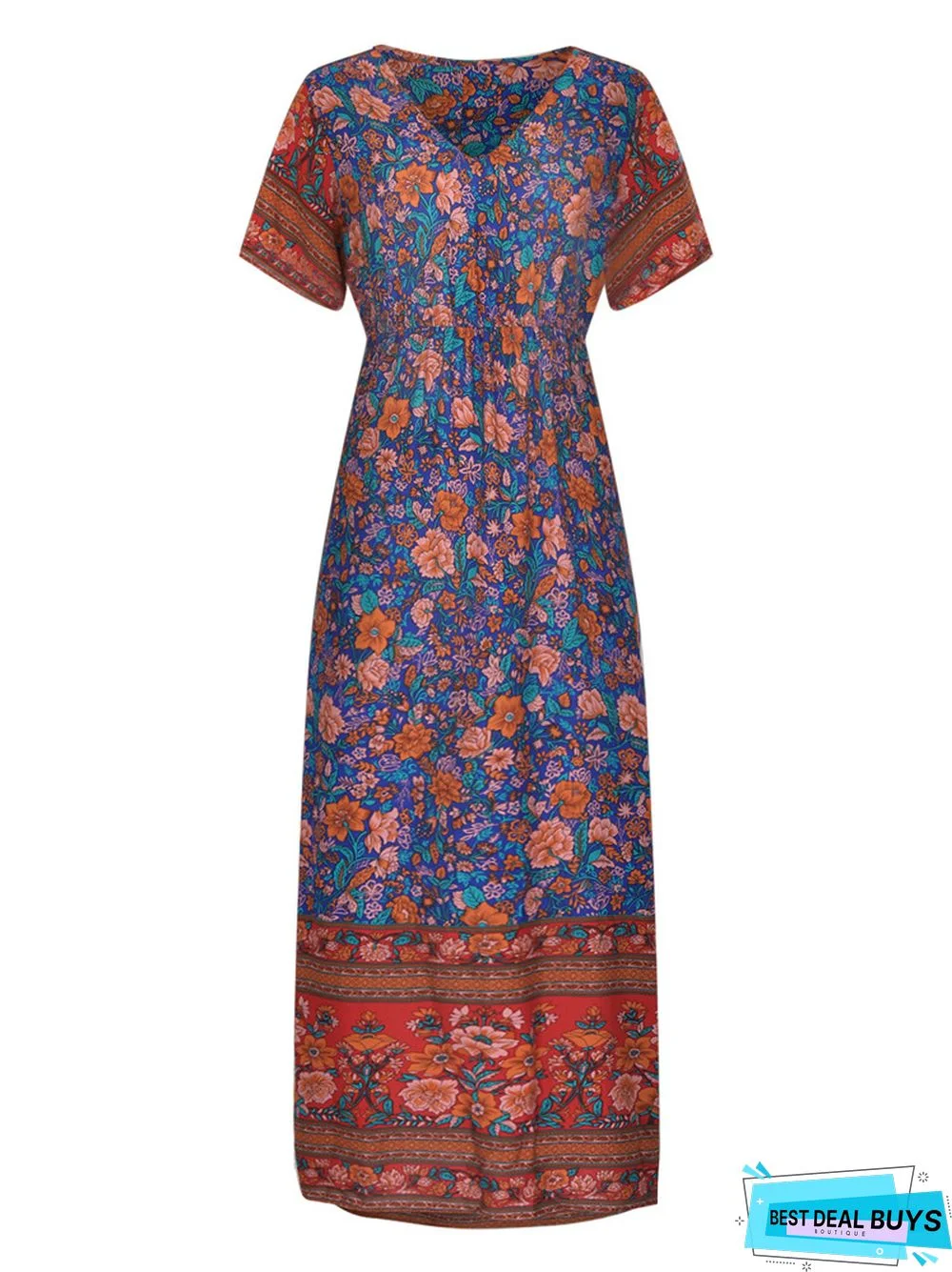 Bohemian Print V-neck Waist Dress Resort Beach Dress