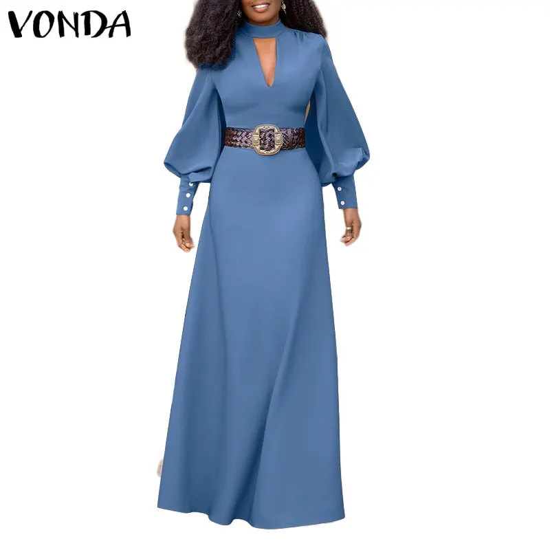 Elegant V Neck Dress 2022 VONDA Women Vintage Puff Sleeve Party Maxi Long Dress Casual Zipper Long Maxi Vestido Robe Femme