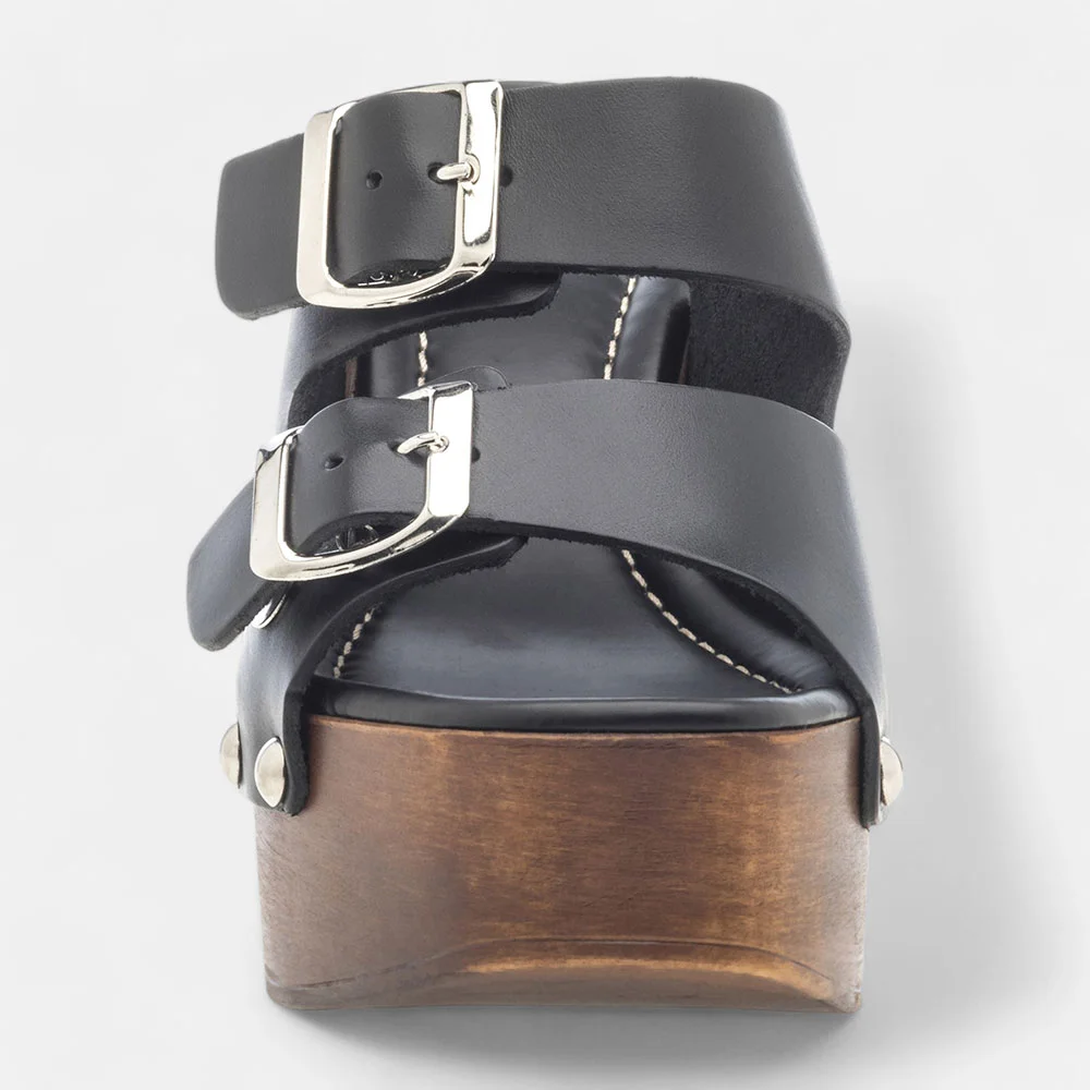 Open-Toe Double Buckle Strap Black Platform Sandals with Studs