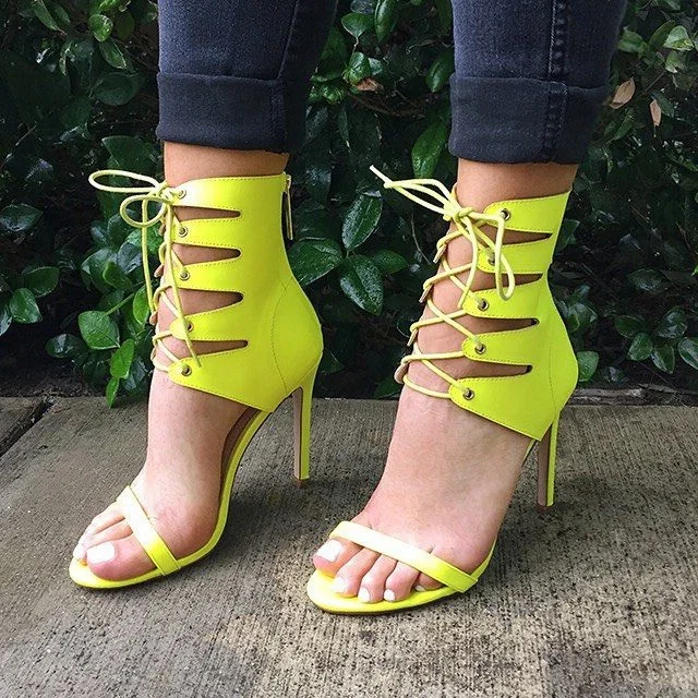 Neon Yellow Lace Up Sandals Open Toe Stiletto High Heels US Size 3-15 |FSJ Shoes