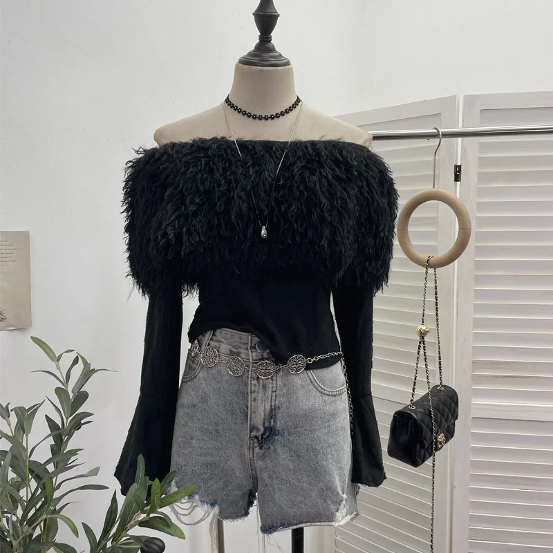 Uveng Sexy Wind Shoulder Hair Knitted Shirt Girl Short To Make Old Broken Long-Sleeved T-Shirt Top 2988
