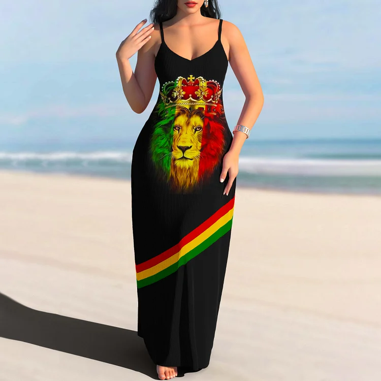 Comstylish Juneteenth Reggae Lion Stripe Maxi Dress
