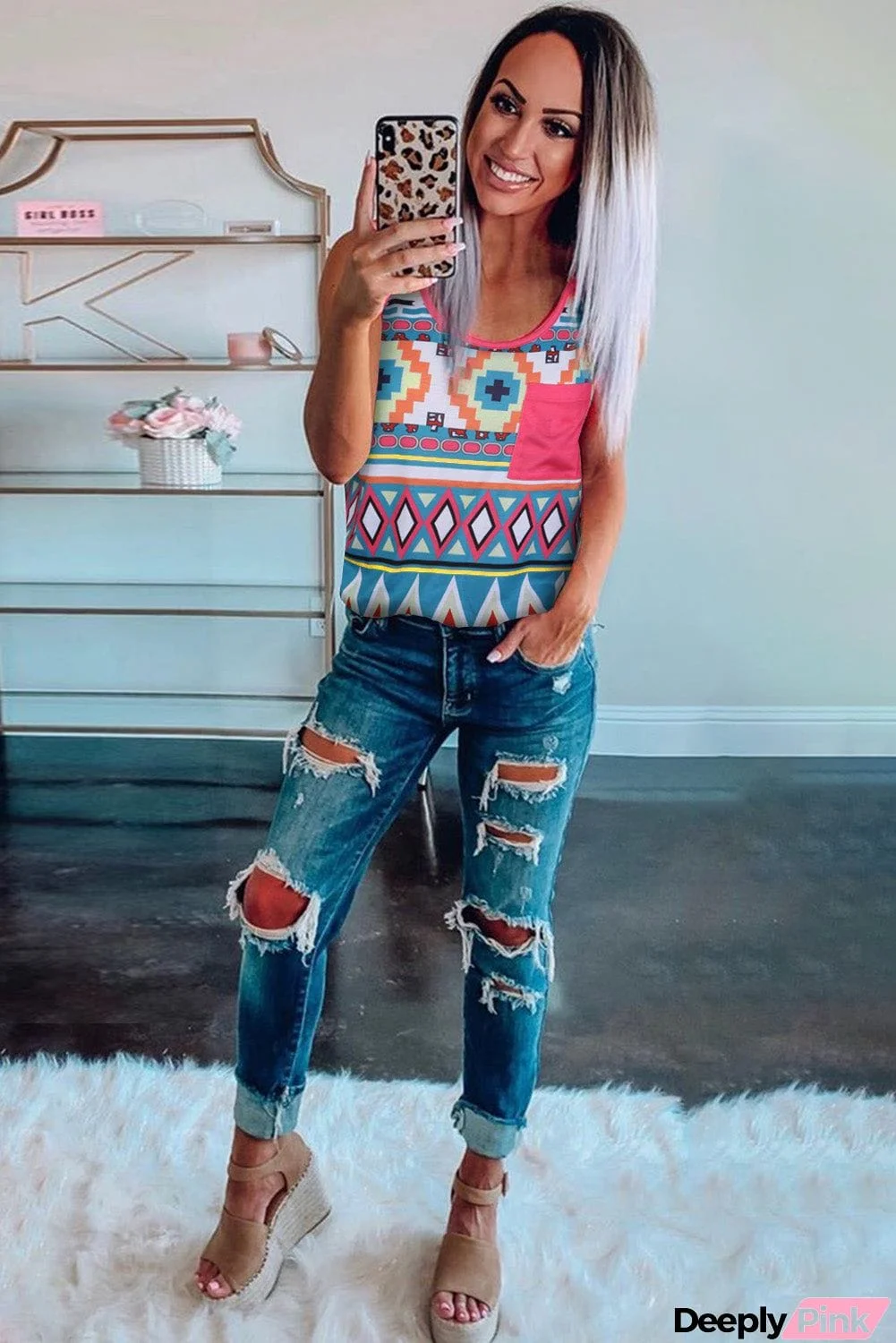 Multicolor Boho Print Tank Top with Pocket