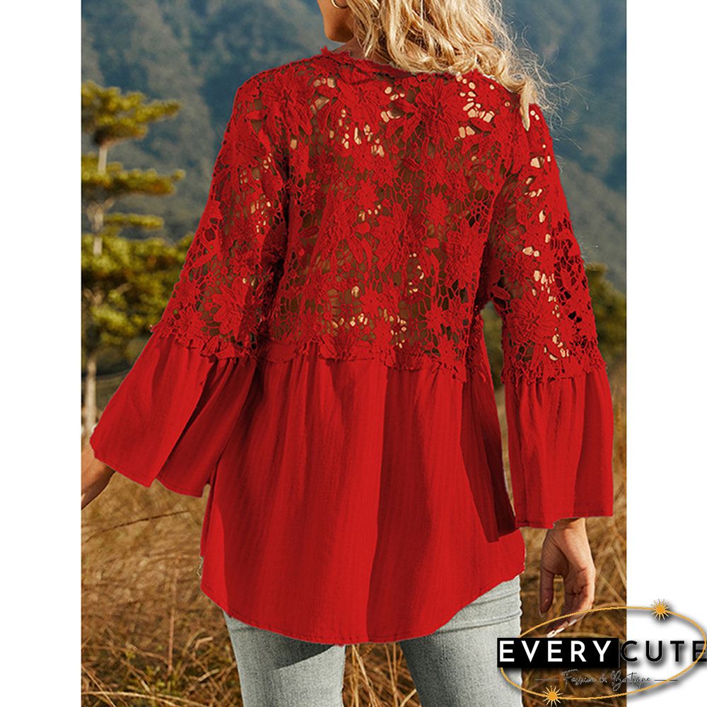 Red Lace Crochet V Neck Long Sleeve Blouse