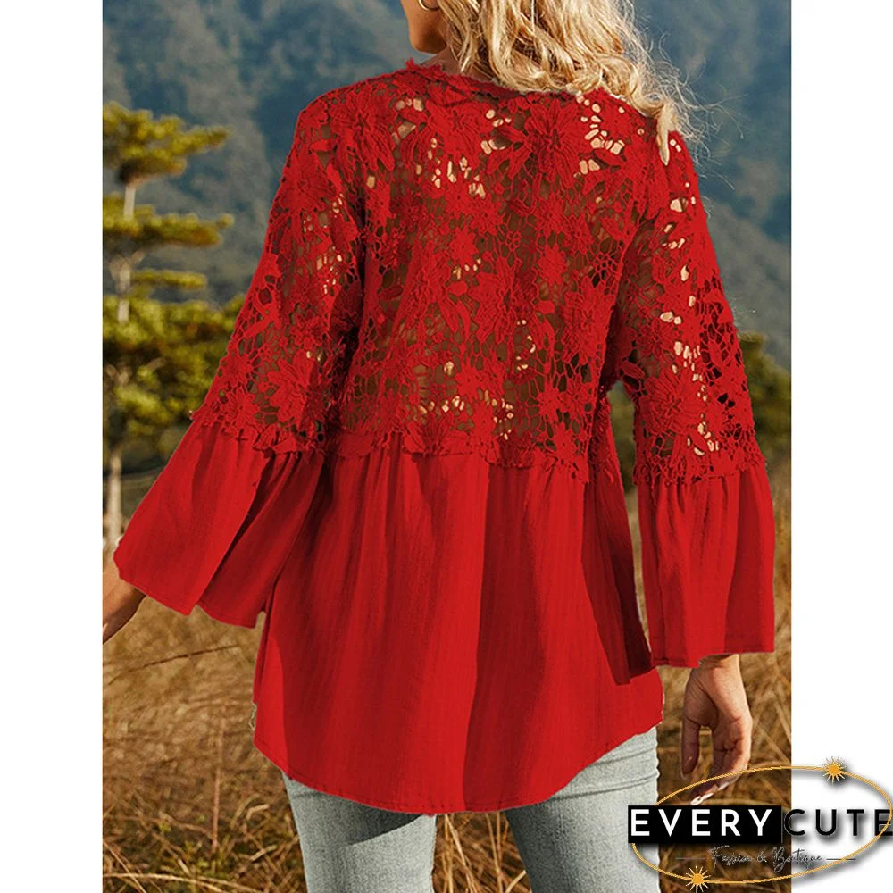 Red Lace Crochet V Neck Long Sleeve Blouse