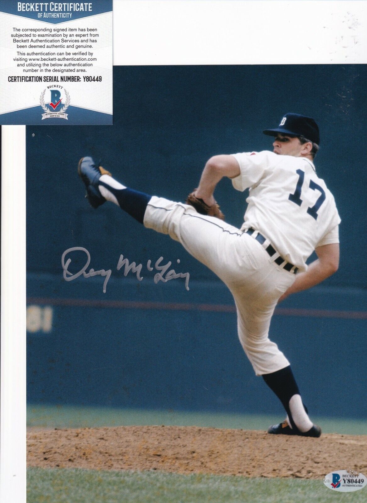 DENNY MCLAIN signed (DETROIT TIGERS) Baseball 8X10 Photo Poster painting BECKETT BAS Y80449