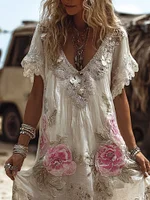 Women's Vintage Unbeatable Flower Short-sleeved V-neck Long Dress