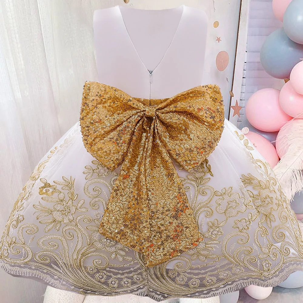 Sequin Big Bow Baby Girl Dress 1 Year Birthday Party Wedding Dress for Newborns Kids Tutu Christening Ball Gown Clothes Vestidos