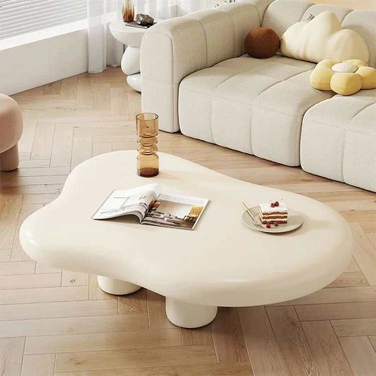Cloud Coffee Table, Modern Simple Small Wood Coffee Table with 3 Legs, Tea Table for Living Room, Cream Indoor Room Central Table Irregular Coffee Table, White