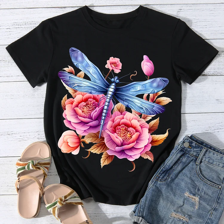 Dragonfly with Resplendent flower Women Round Neck T-shirt - BSTCA0088