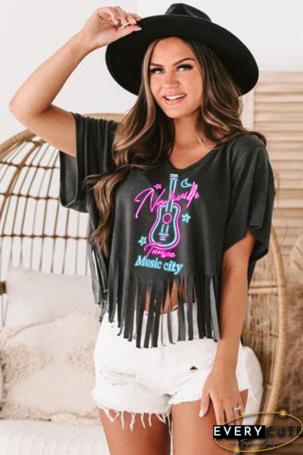 Black Nashville Guitar Slogan Print Fringed V Neck Graphic Tee
