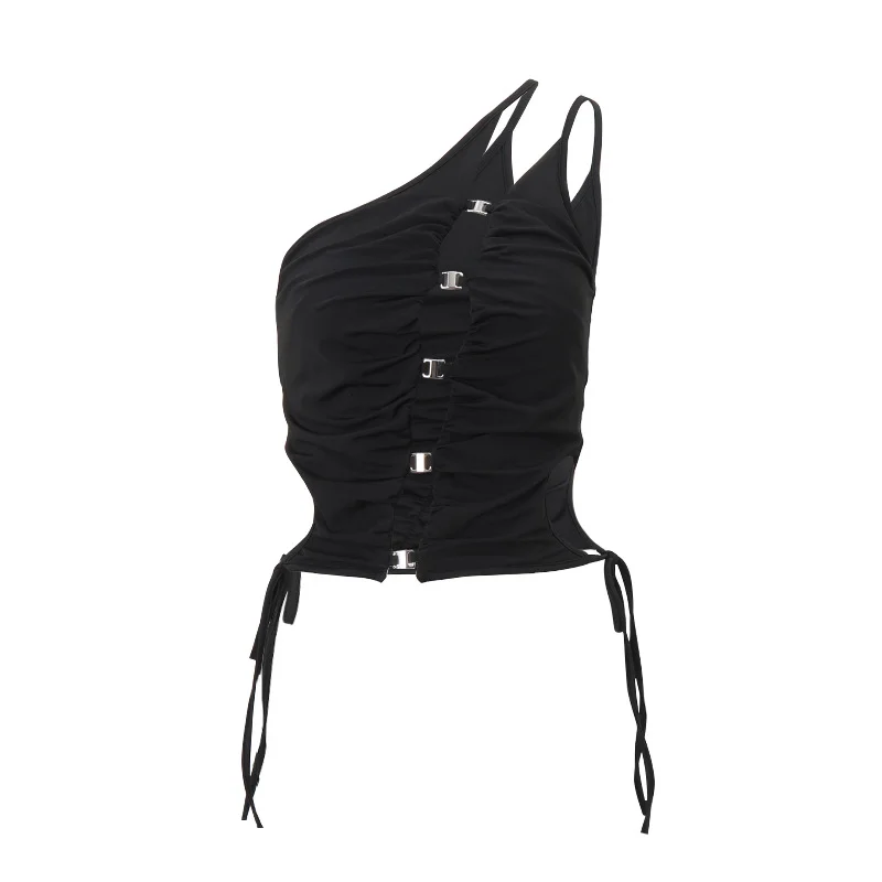 Brownm Brownm Women's Summer 2024 New Inclined Shoulder Design Sense Hollow Out Sexy Back Short Sling Vest