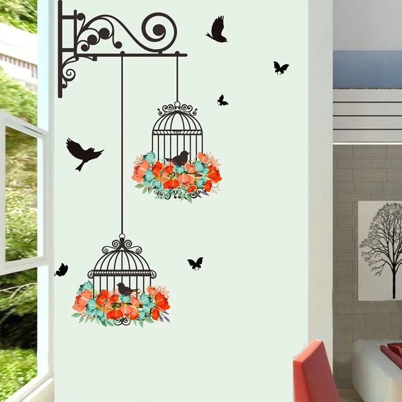 New Birdcage Flower Flying for Living room Nursery Room Wall Stickers Vinyl Wall Decals Wall Sticker for Kids Room Home Decor