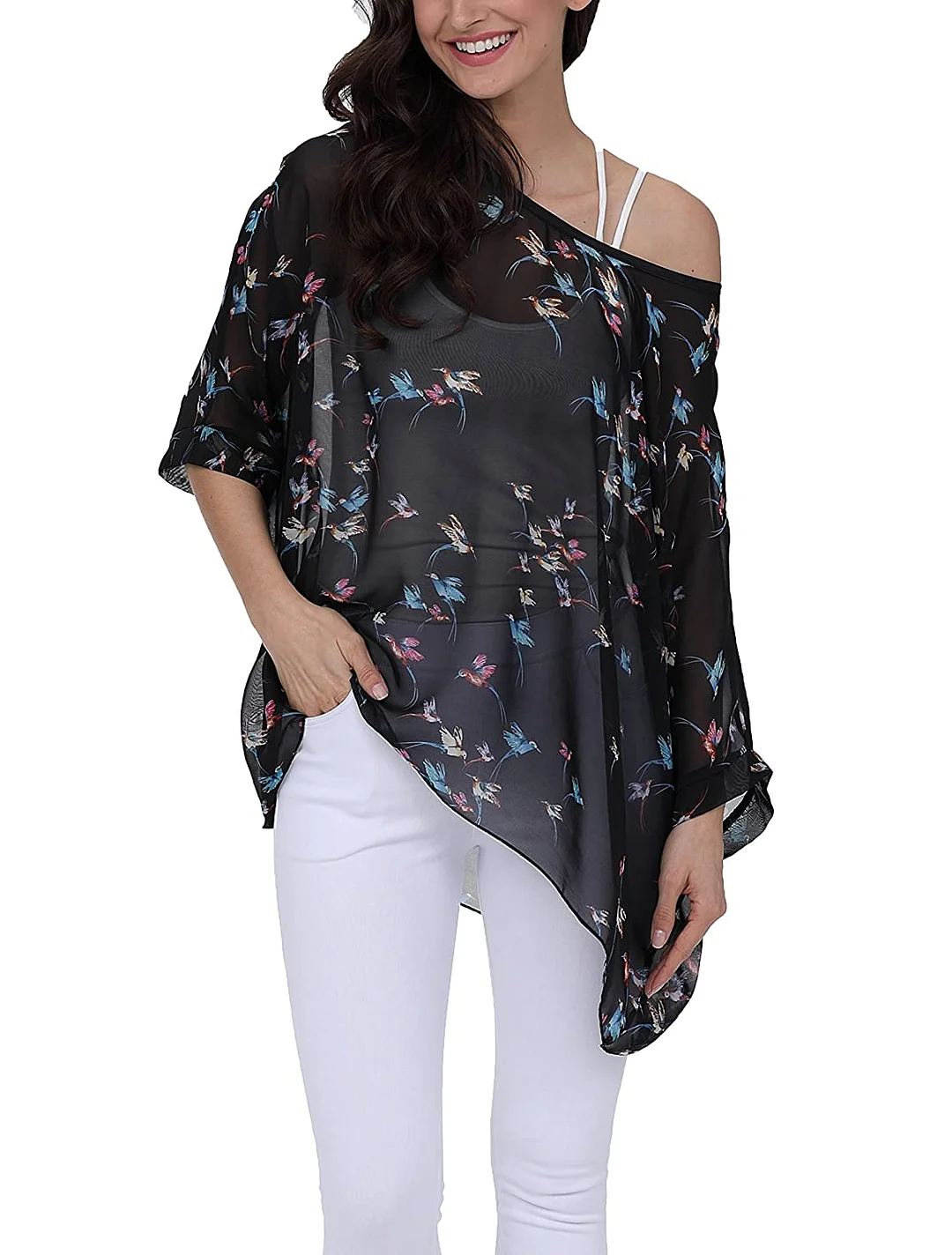 Top Chiffon Poncho Casual Loose Blouse Women Summer Floral Printed Shirt Batwing Sleeve