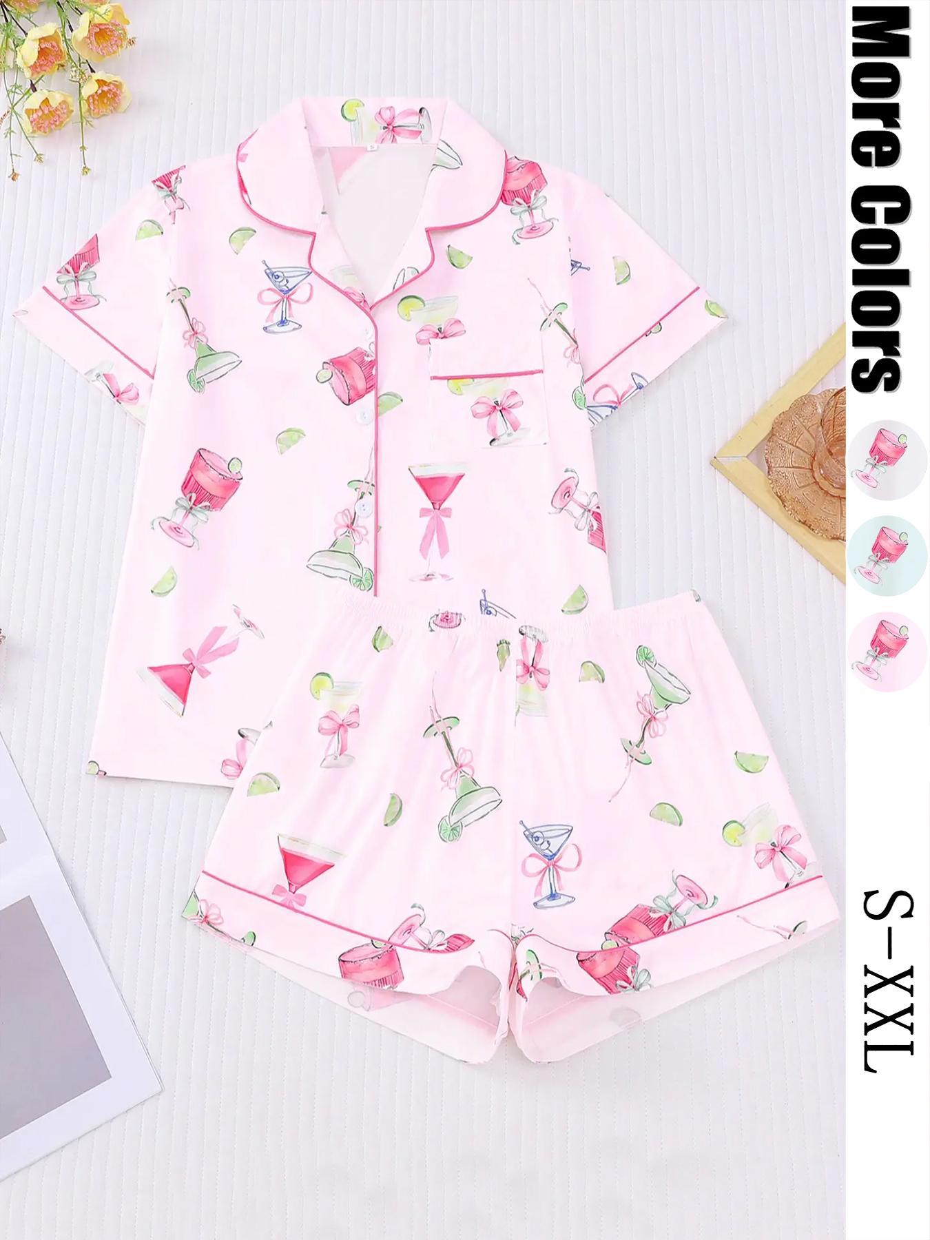 Women's All-Over Cocktail Print Button Front Shirt & Elastic Waist Shorts Pyjama, Casual Comfy Pjs Short Sleeve Top & Shorts Pajamas Set, Ladies Sleepwear for All Seasons, Loungewear, Casual Pajamas Outfit