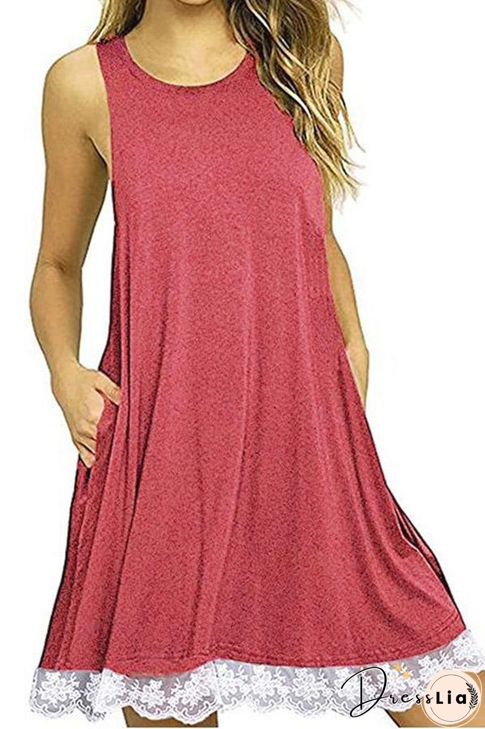 Solid Color Sleeveless Lace Dress