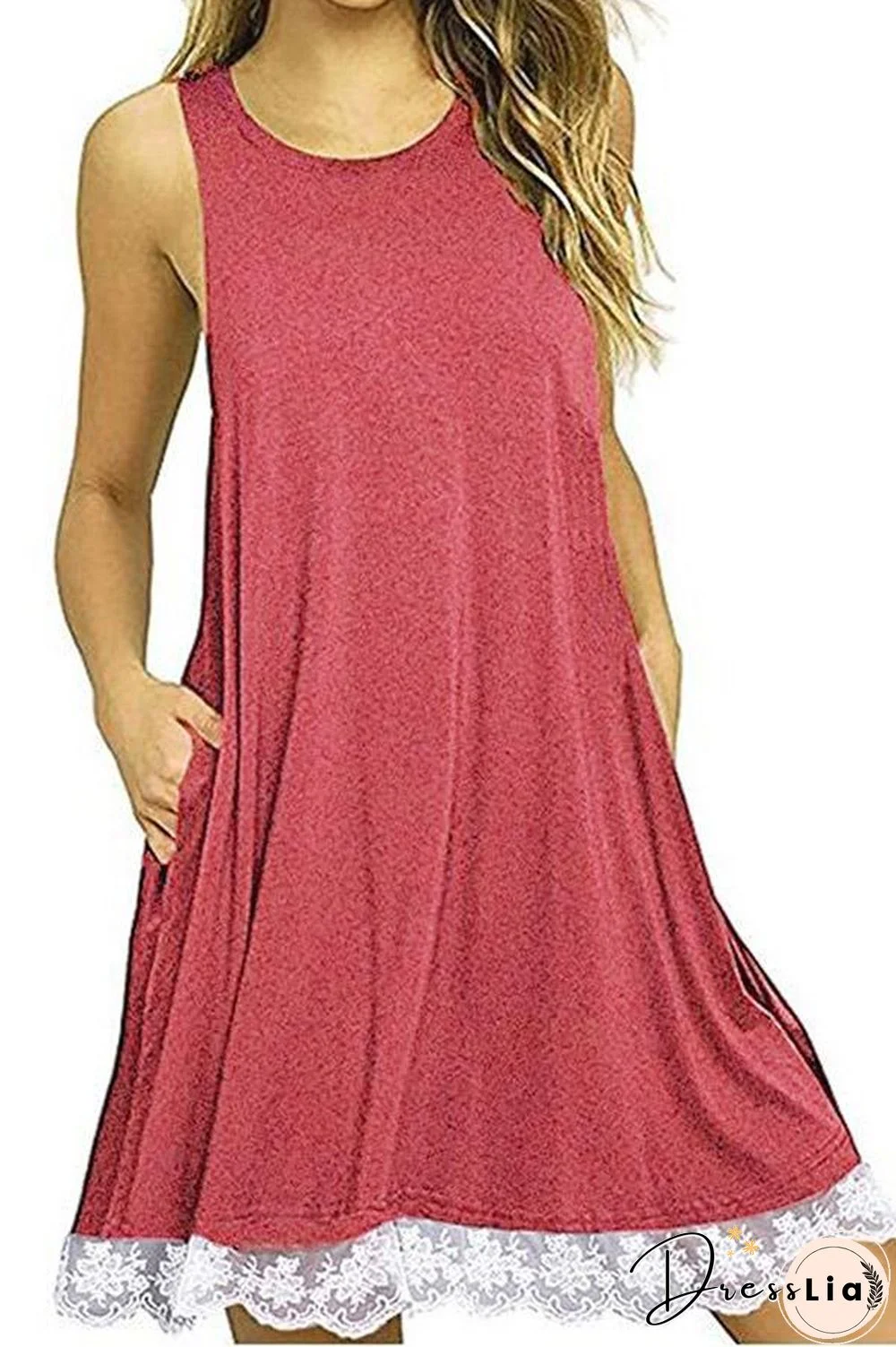 Solid Color Sleeveless Lace Dress