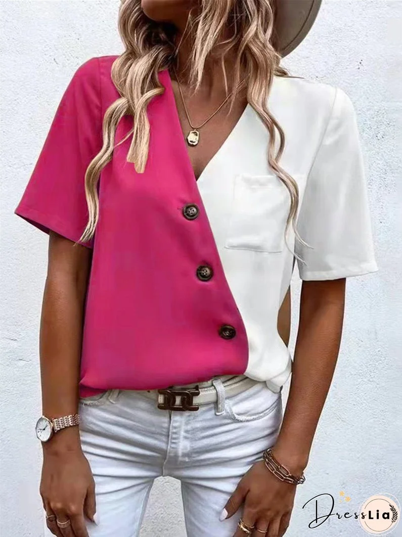 V-neck Chiffon Fashion Contrast Color Short-sleeved Shirt Top