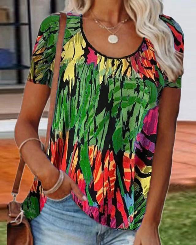New Casual Loose Printed Round Neck Short Sleeve T-Shirt Top