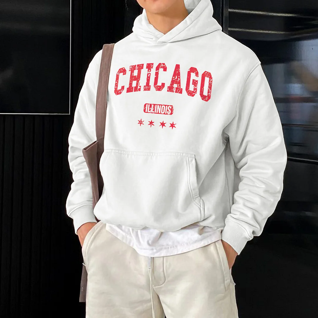 chicago Print Hoodie With Kangaroo Pocket, Men's Casual Pullover