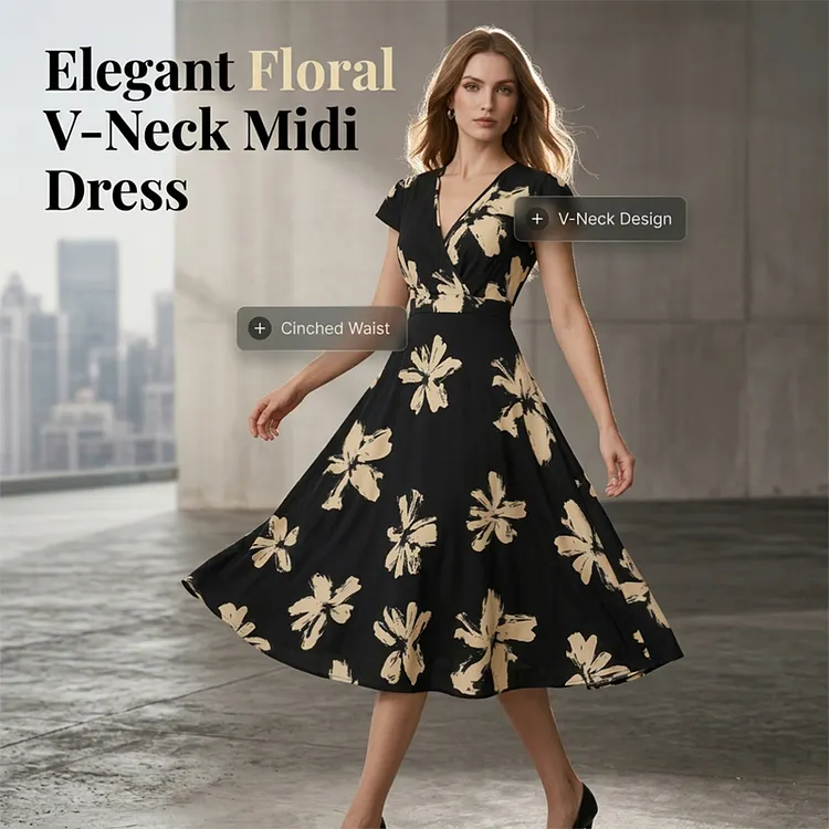 Women's Casual Printed V-Neck Ruffle Dress