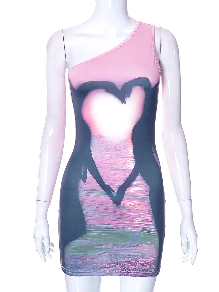 Brownm 2024 New Pink Beach Print Irregular Slings Super Short Sexy Dress Woman
