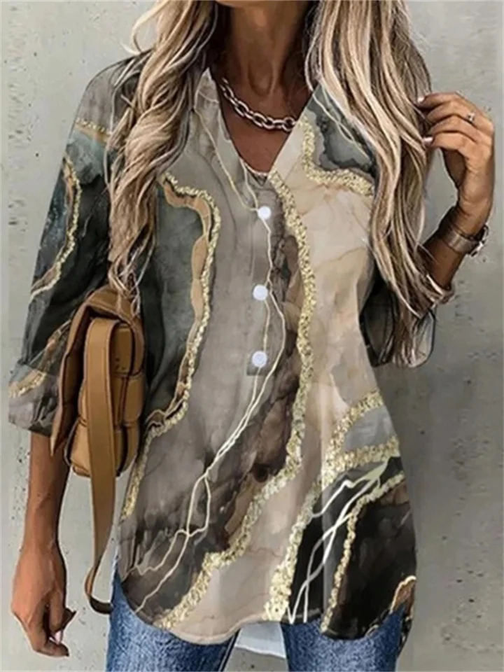 Women's Blouse Shirt Khaki Flower Button Print Long Sleeve Daily Weekend Streetwear Casual V Neck Regular S / 3D Print | 168DEAL