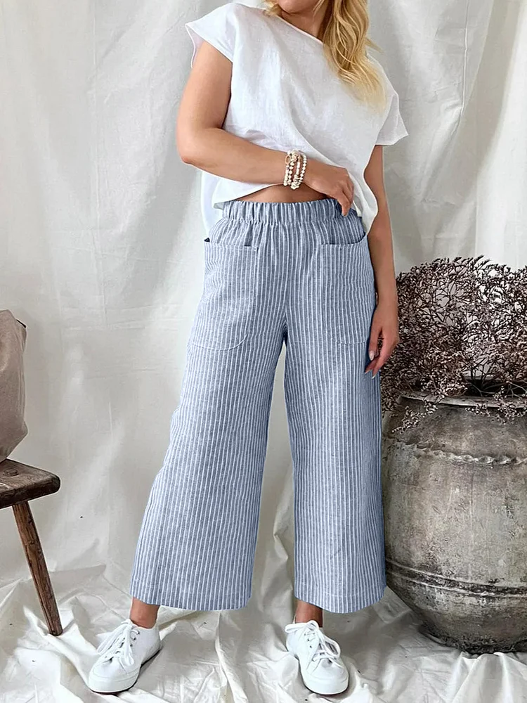 Comstylish Patch Pockets Striped Casual Pants