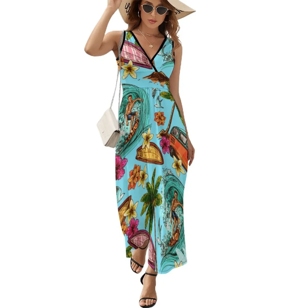 Hawaii Beach Surfer Maxi Maxi Sleeveless Dress Women Sleeveless Deep V Neck Loose Printed Long Casual Dress