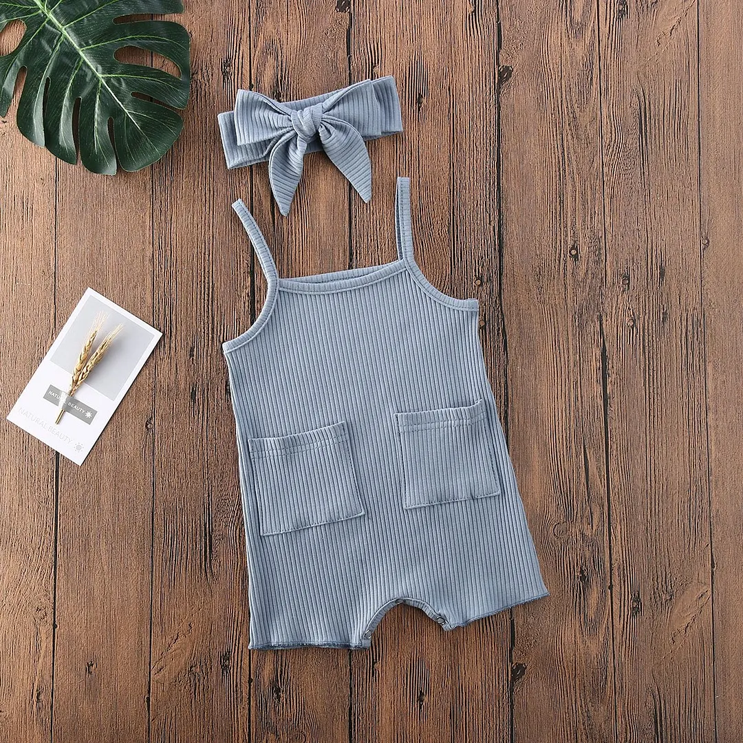 2020 Baby Summer Clothing Infant Newborn Baby Girls Boys Sleeveless Romper Ribbed Solid Pocket Jumpsuit With Headband