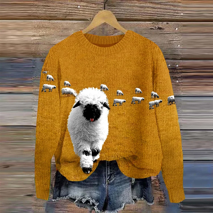 VChics Greetings From The Stray Sheep Graphic Crew Neck Cozy Knit Sweater